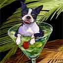 boston terrier dog art and martini dogs, boston terrier dog pop art prints, dog paintings, pet portraits and martini pet prints in colorful original boston terrier dog art and fine art dog prints by artists Jane Billman and Gregg Billman