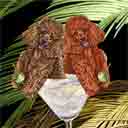 chocolate and red poodles dog art and martini dogs, chocolate and red poodles dog pop art, dog paintings, party dogs and martini pet portraits in colorful original chocolate and red poodles dog art and fine art poodles dog prints by artists Jane Billman and Gregg Billman