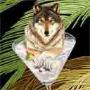 wolf palms dog art and martini dogs, wolf dog pop art, dog paintings, party dogs and martini pet portraits in colorful original wolf dog art and fine art wolf dog prints by artist Jane Billman and Gregg Billman